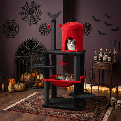 Gothic-style 51-inch multi-level cat tree with purple accents, featuring a spider hanging toy for cats to climb and play.