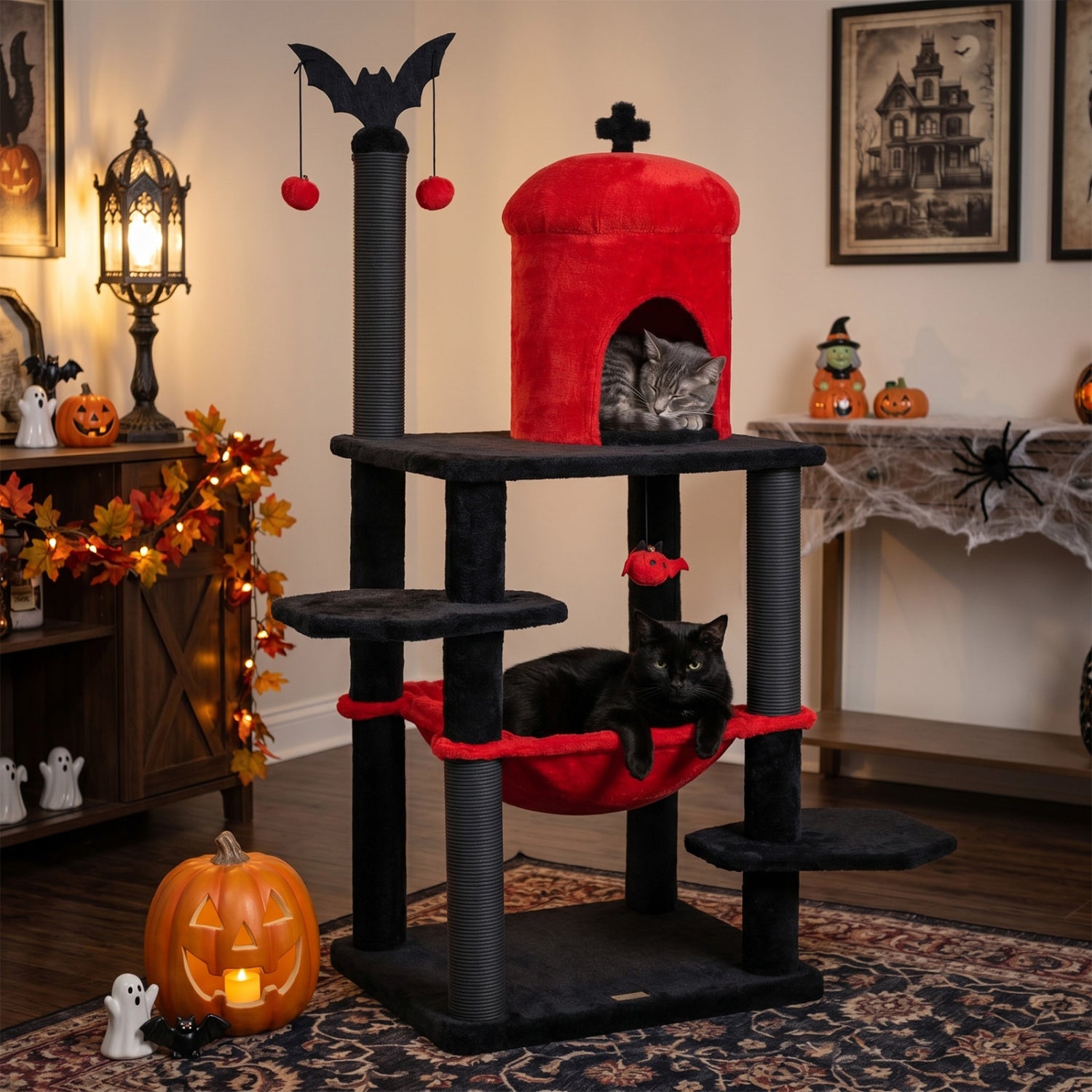 Gothic-style 51-inch multi-level cat tree with purple and black design, featuring a spider hanging toy for cats to climb and play.