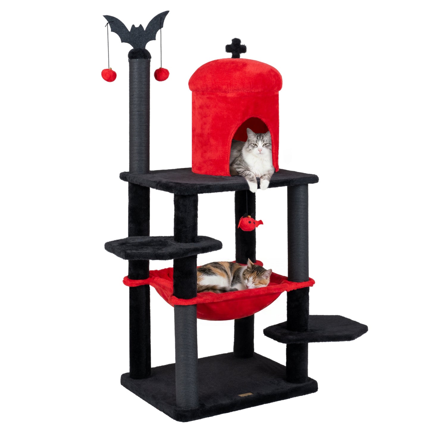 Gothic-style 51-inch multi-level cat tree with purple accents, spider hanging toy, perfect for cats and Halloween-themed decor.