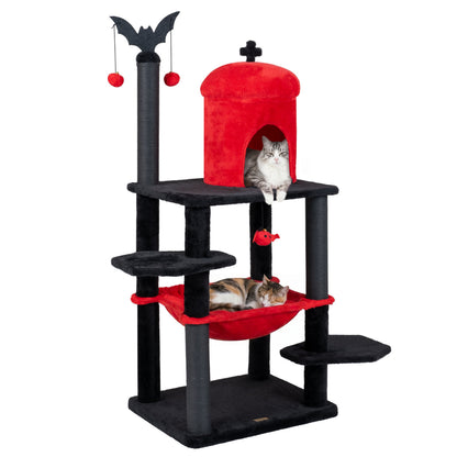 Gothic-style 51-inch multi-level cat tree with purple accents, spider hanging toy, perfect for cats and Halloween-themed decor.
