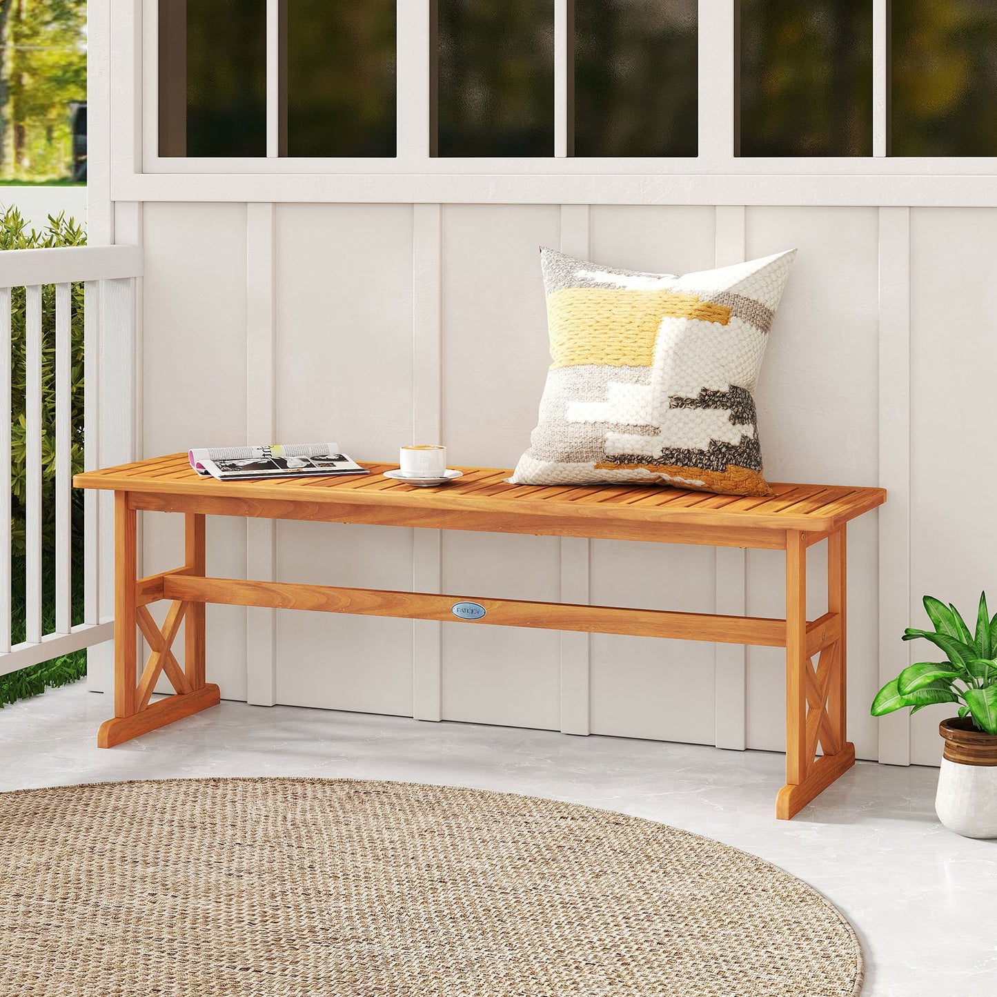 51 Inches Outdoor Acacia Wood Bench with Slatted Seat and 800 lbs Weight Capacity-2 Pieces