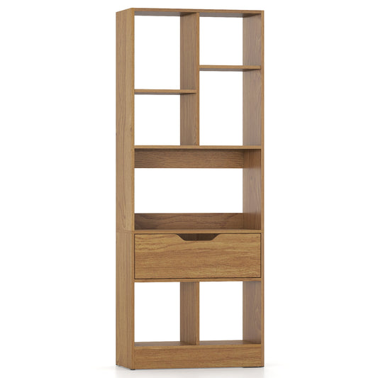 51inch Tall Freestanding Bookcase with Drawer 7-Cube Storage Organizer-Natural