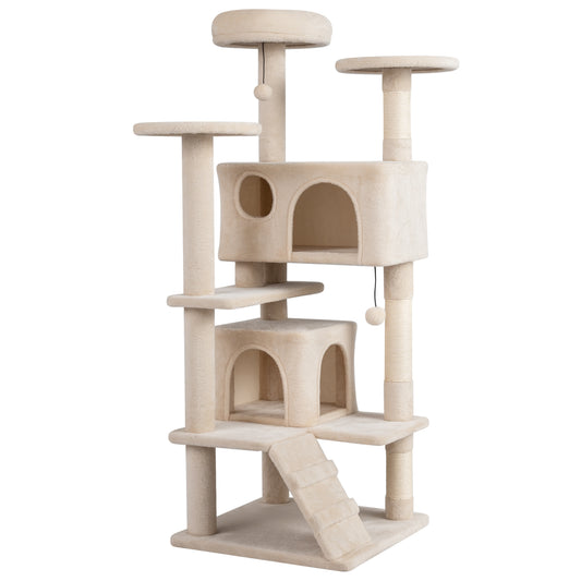 Beige 52-inch tall cat tree tower for indoor cats with multiple platforms, scratching posts, and cozy hideouts by Wilsons Home Store.