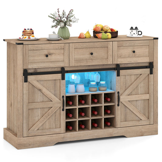 52 Inches Wine Bar Cabinet with LED Lights and Sliding Barn Doors-Light Gray
