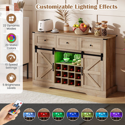 52 Inches Wine Bar Cabinet with LED Lights and Sliding Barn Doors-Light Gray
