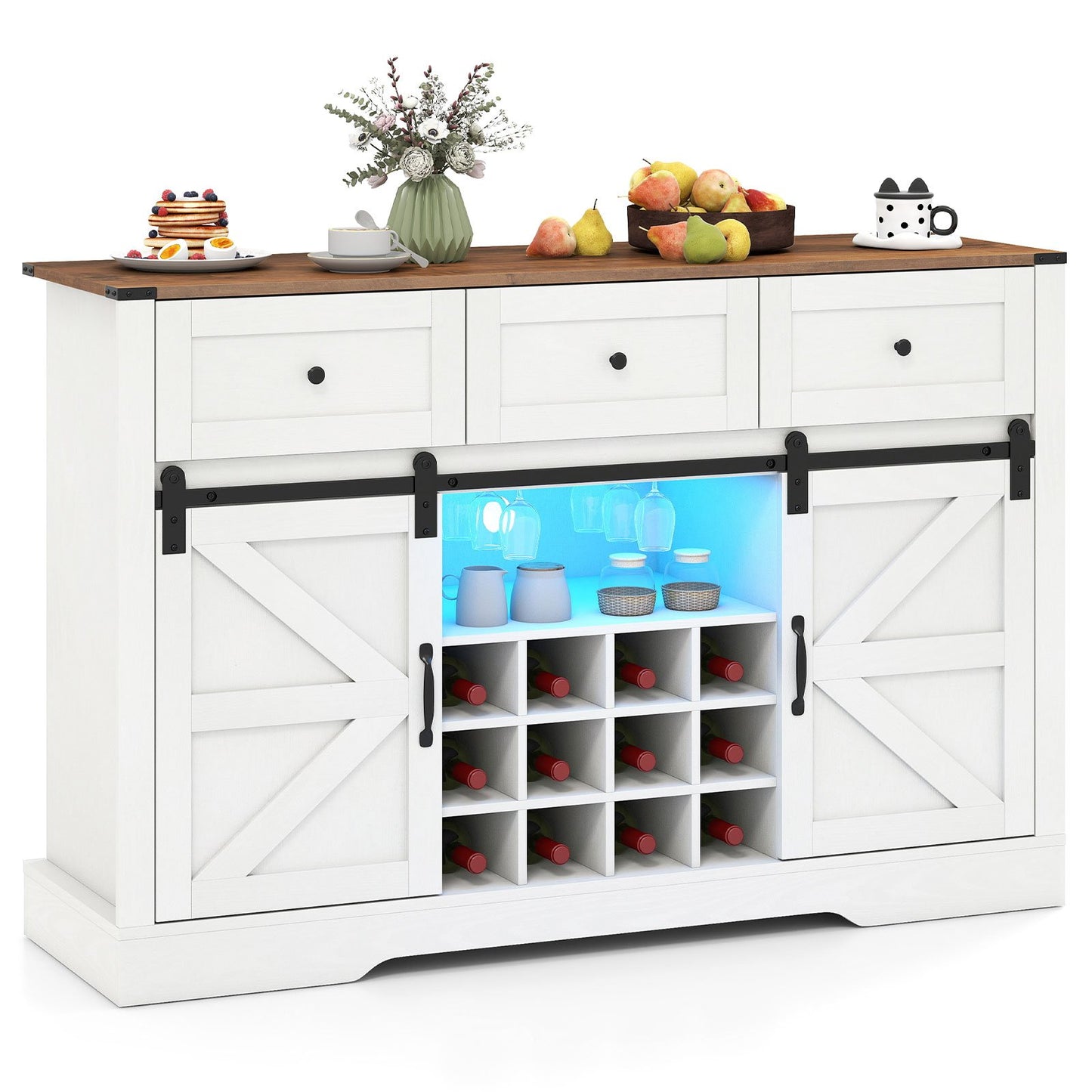 52 Inches Wine Bar Cabinet with LED Lights and Sliding Barn Doors-Light Gray