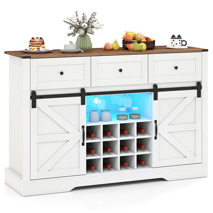 52 Inches Wine Bar Cabinet with LED Lights and Sliding Barn Doors-Light Gray