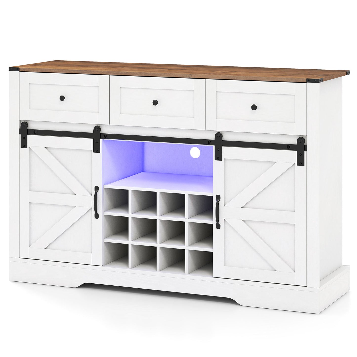52 Inches Wine Bar Cabinet with LED Lights and Sliding Barn Doors-Light Gray