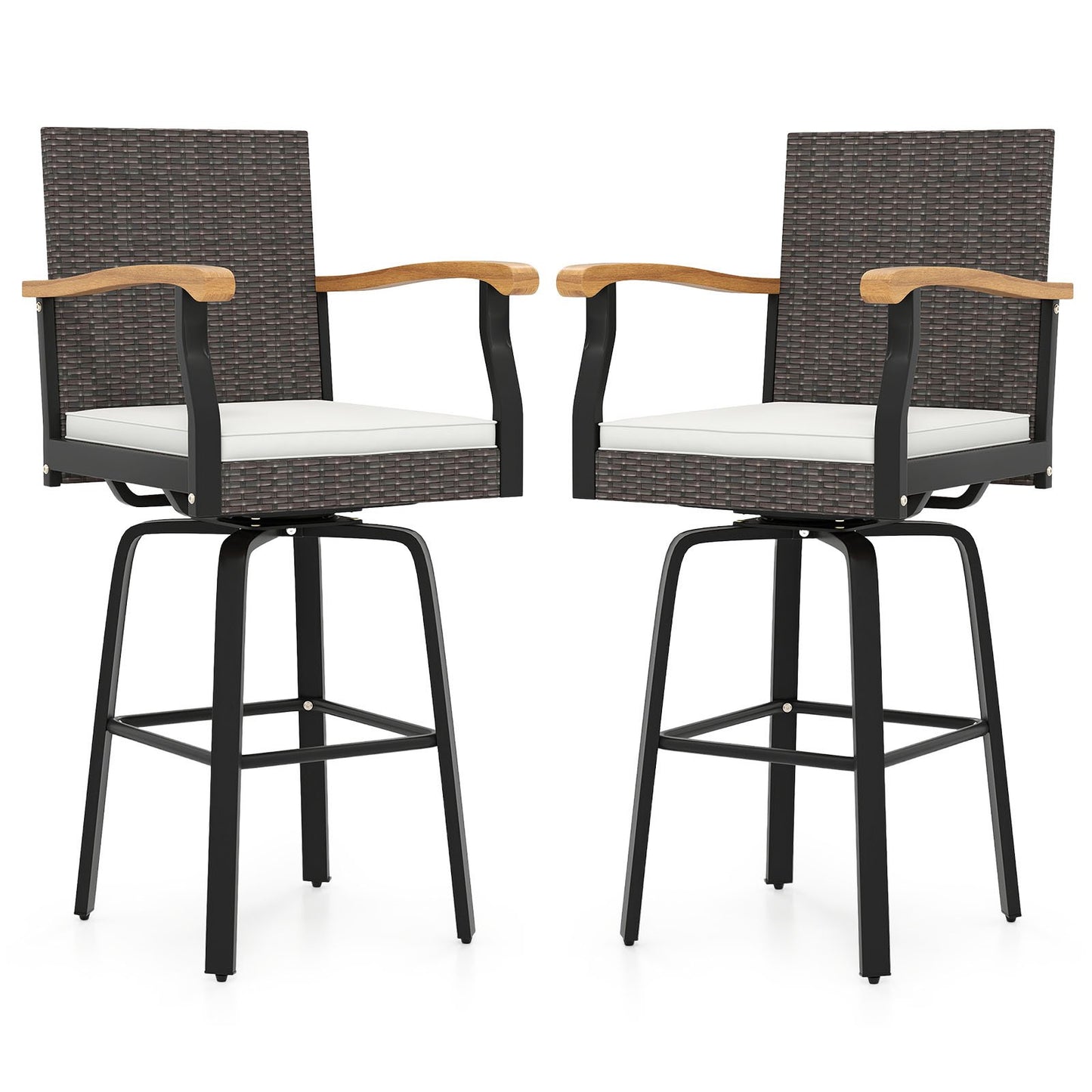 Set of 2 Outdoor 360° Swivel Bar Stool with Cushion and Acacia Wood Armrests
