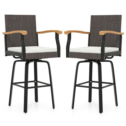 Set of 2 Outdoor 360° Swivel Bar Stool with Cushion and Acacia Wood Armrests