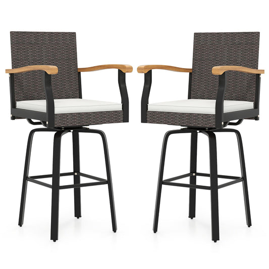 Set of 2 Outdoor 360° Swivel Bar Stool with Cushion and Acacia Wood Armrests