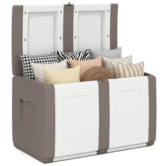 Beige 53-gallon patio container with lockable lid for outdoor package or garden storage, from Direct by Wilsons Home Store.