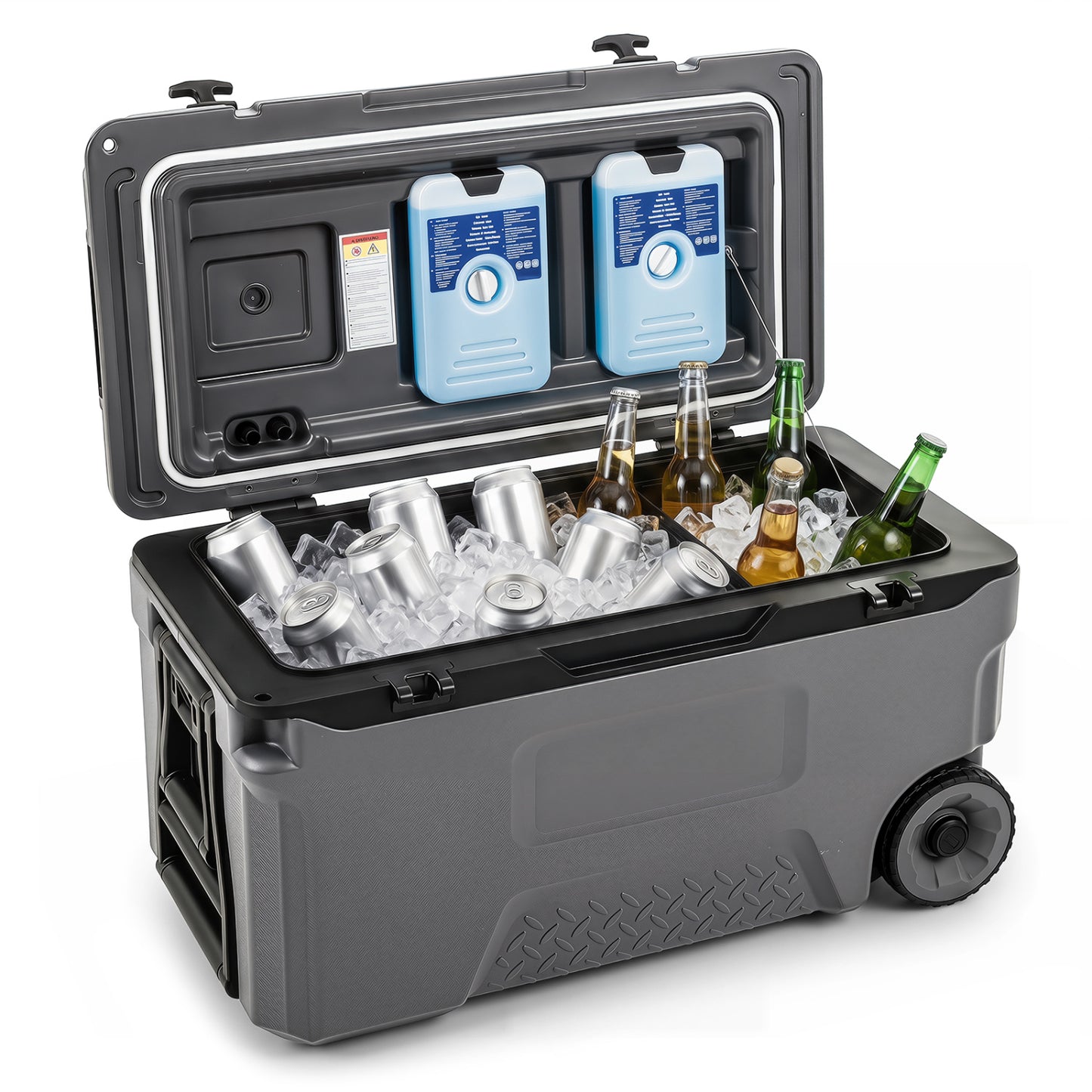 Gray 53-quart portable rolling cooler with integrated fish ruler for outdoor camping, designed for easy transport and fishing trips.