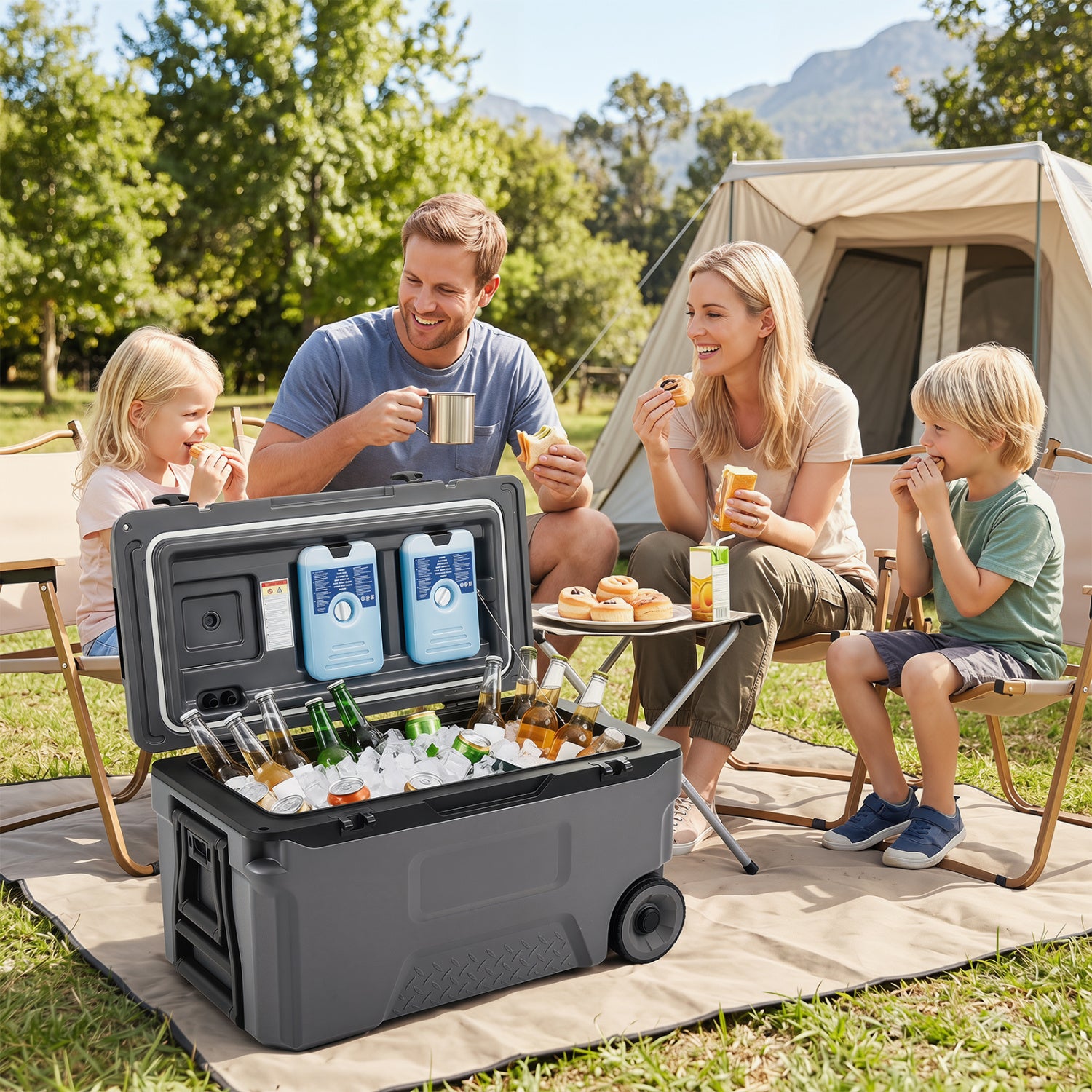 Gray 53-quart portable rolling cooler with fish ruler for outdoor camping by Wilsons Home Store.