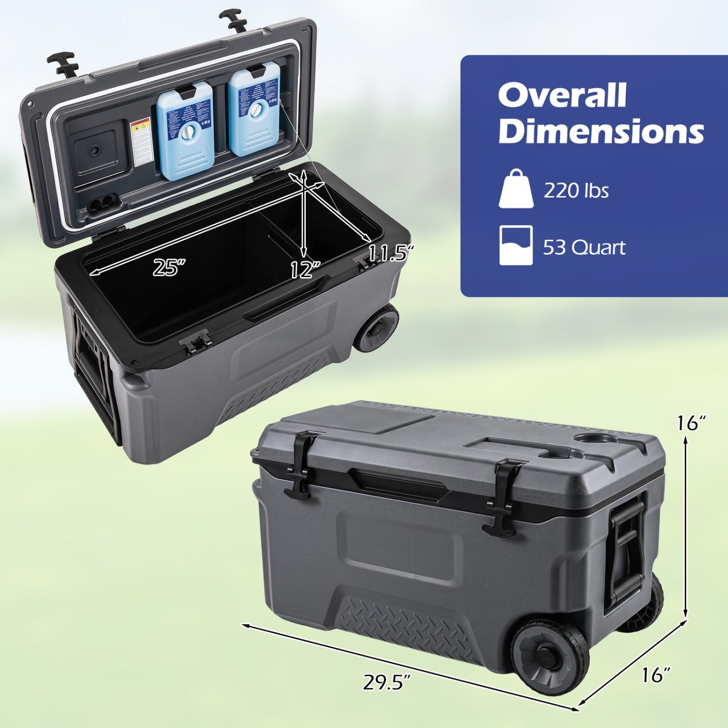 Gray 53-quart portable rolling cooler with built-in fish ruler, ideal for outdoor camping and fishing trips.
