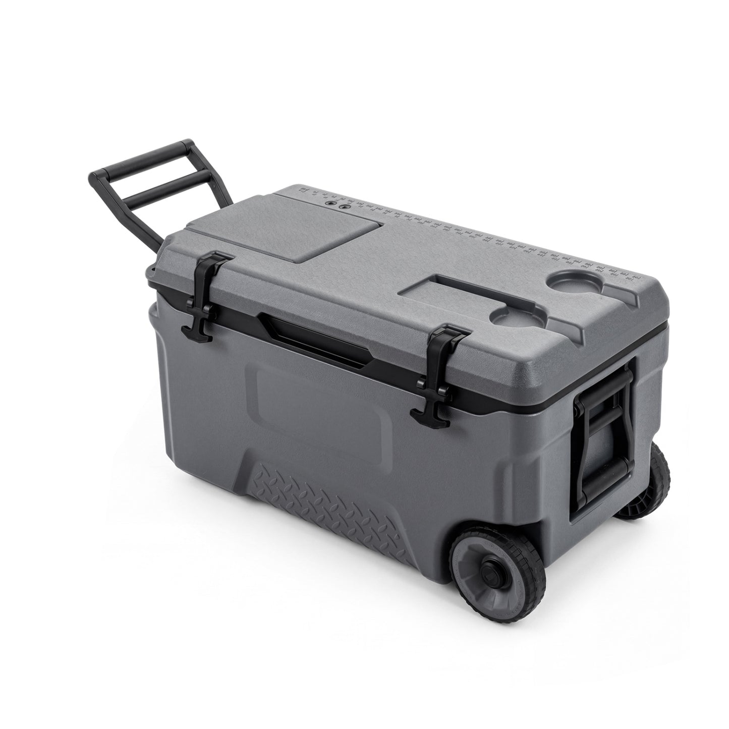 Gray 53-quart portable rolling cooler with integrated fish ruler, ideal for outdoor camping and fishing trips.