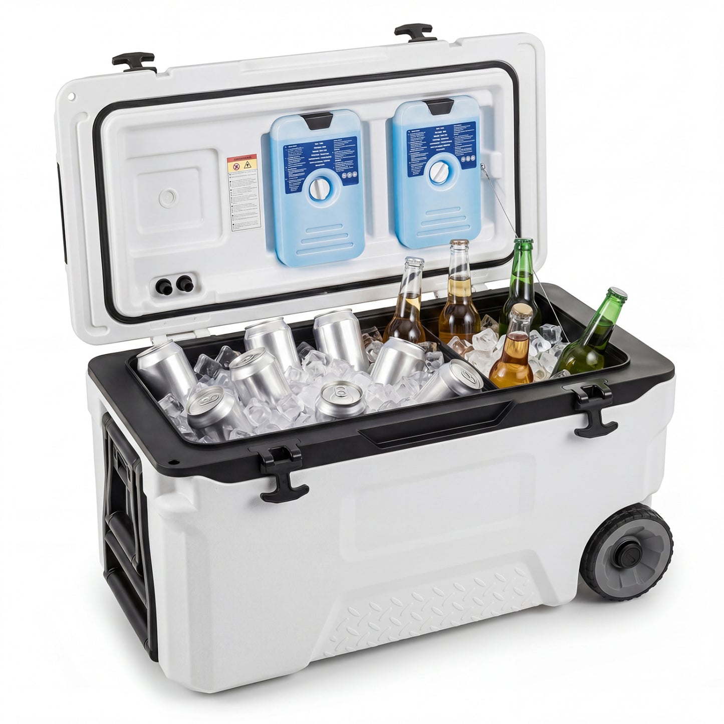 Gray 53-quart portable rolling cooler with built-in fish ruler, ideal for outdoor camping and fishing trips.