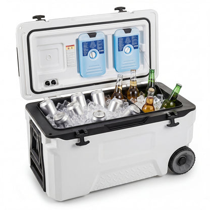 Gray 53-quart portable rolling cooler with built-in fish ruler, ideal for outdoor camping and fishing trips.