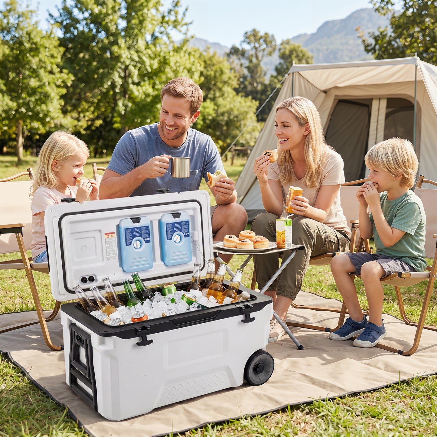 Gray 53-quart portable rolling cooler with fish ruler for outdoor camping by Wilsons Home Store, featuring sturdy wheels and spacious storage.