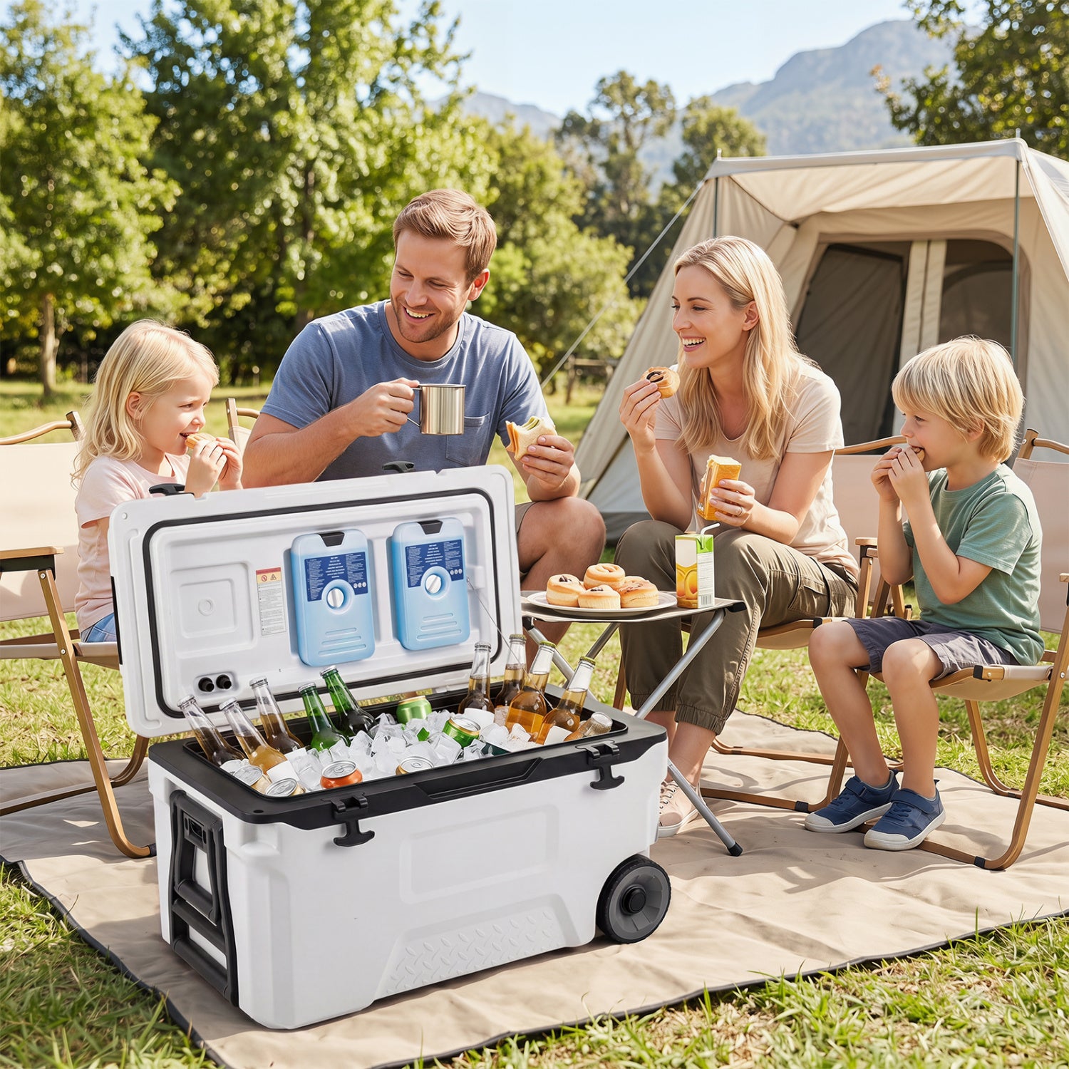 Gray 53-quart portable rolling cooler with fish ruler for outdoor camping by Wilsons Home Store, featuring sturdy wheels and spacious storage.