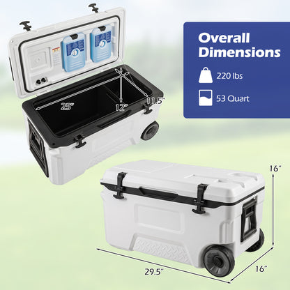 Gray 53-quart portable rolling cooler with fish ruler for outdoor camping, ideal for keeping drinks and fish fresh.