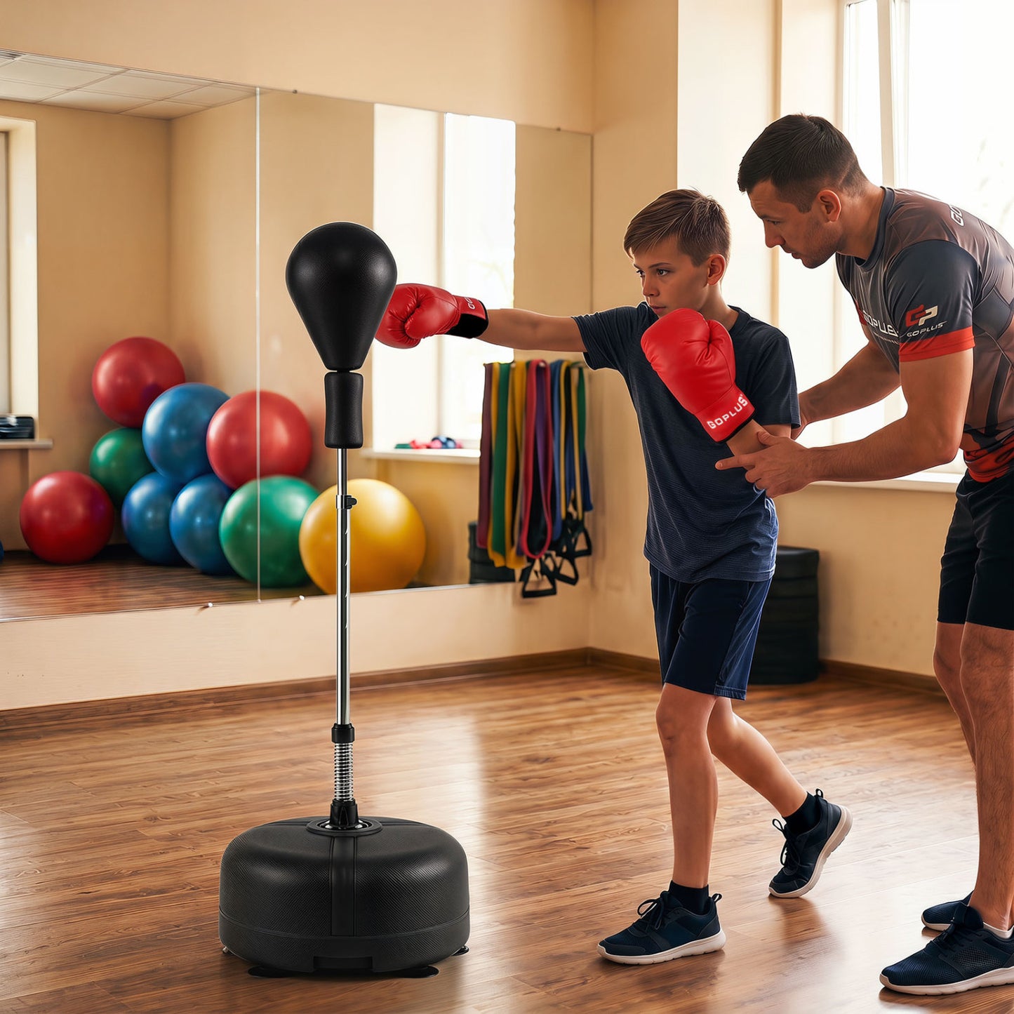 Height adjustable punching bag stand for teens and adults, black, suitable for boxing and martial arts training.