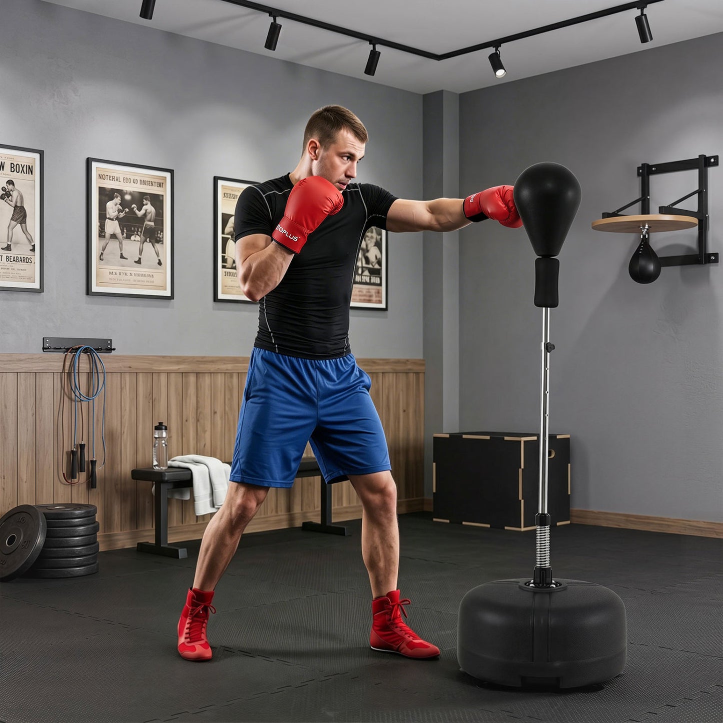 Black adjustable punching bag with stand, height 54.5 to 62 inches, for teens and adults, suitable for boxing and martial arts training.