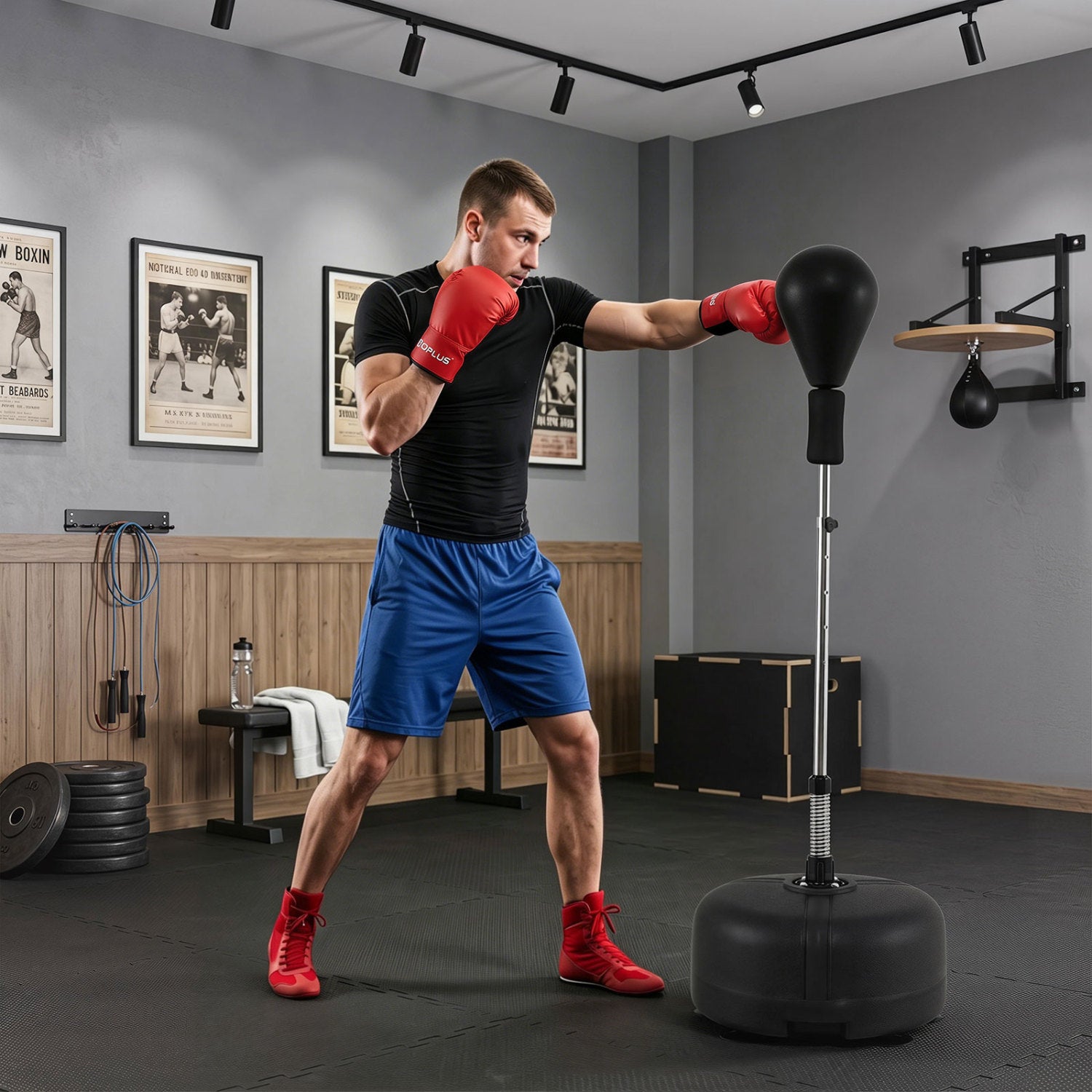 Black adjustable punching bag with stand, height 54.5 to 62 inches, for teens and adults, suitable for boxing and martial arts training.