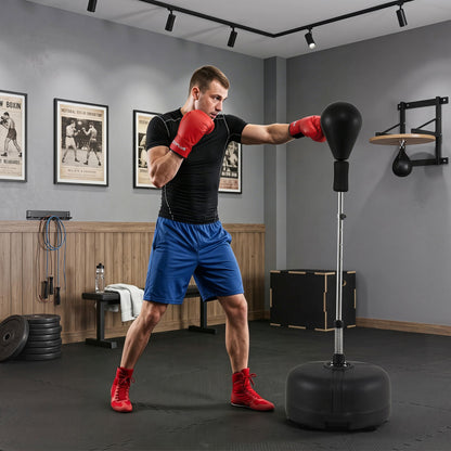 Black adjustable punching bag with stand, height 54.5 to 62 inches, for teens and adults, suitable for boxing and martial arts training.