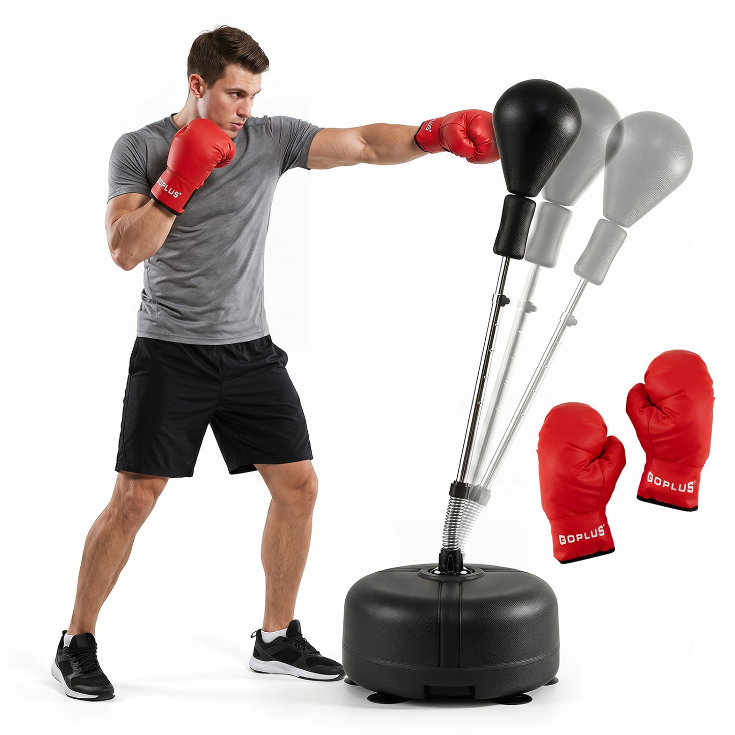 Black adjustable punching bag stand for teens and adults, 54.5 to 62 inches tall, suitable for boxing and martial arts training.