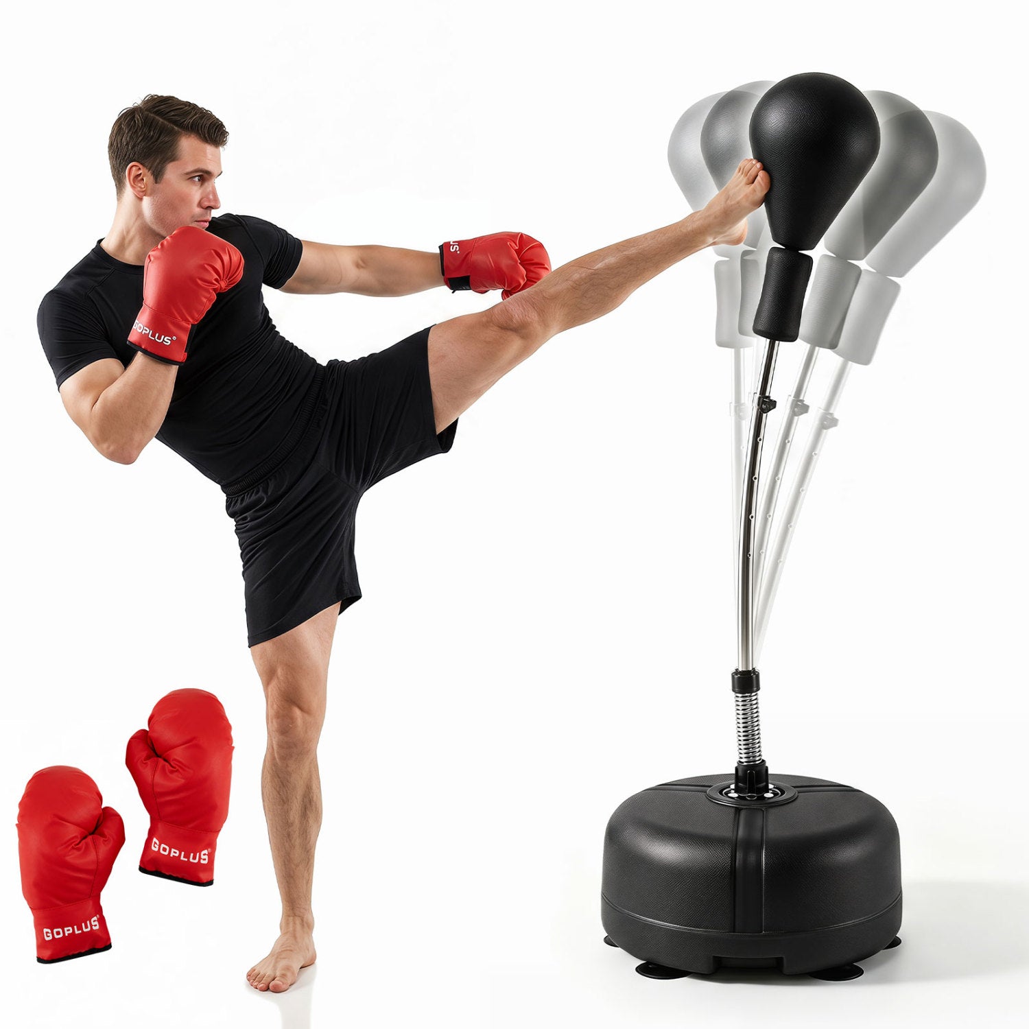 Black adjustable punching bag stand for teens and adults, 54.5 to 62 inches height, suitable for boxing and martial arts training.