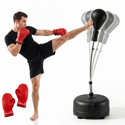 Black adjustable punching bag stand for teens and adults, 54.5 to 62 inches height, suitable for boxing and martial arts training.