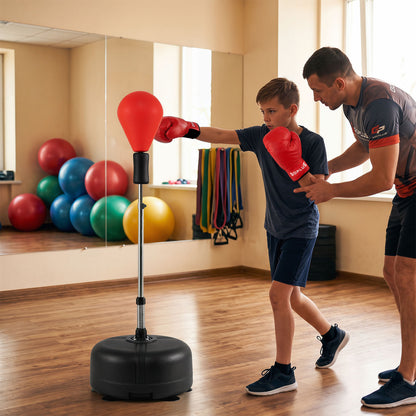 Black adjustable punching bag stand for teens and adults, 54.5 to 62 inches height, suitable for boxing and martial arts training.