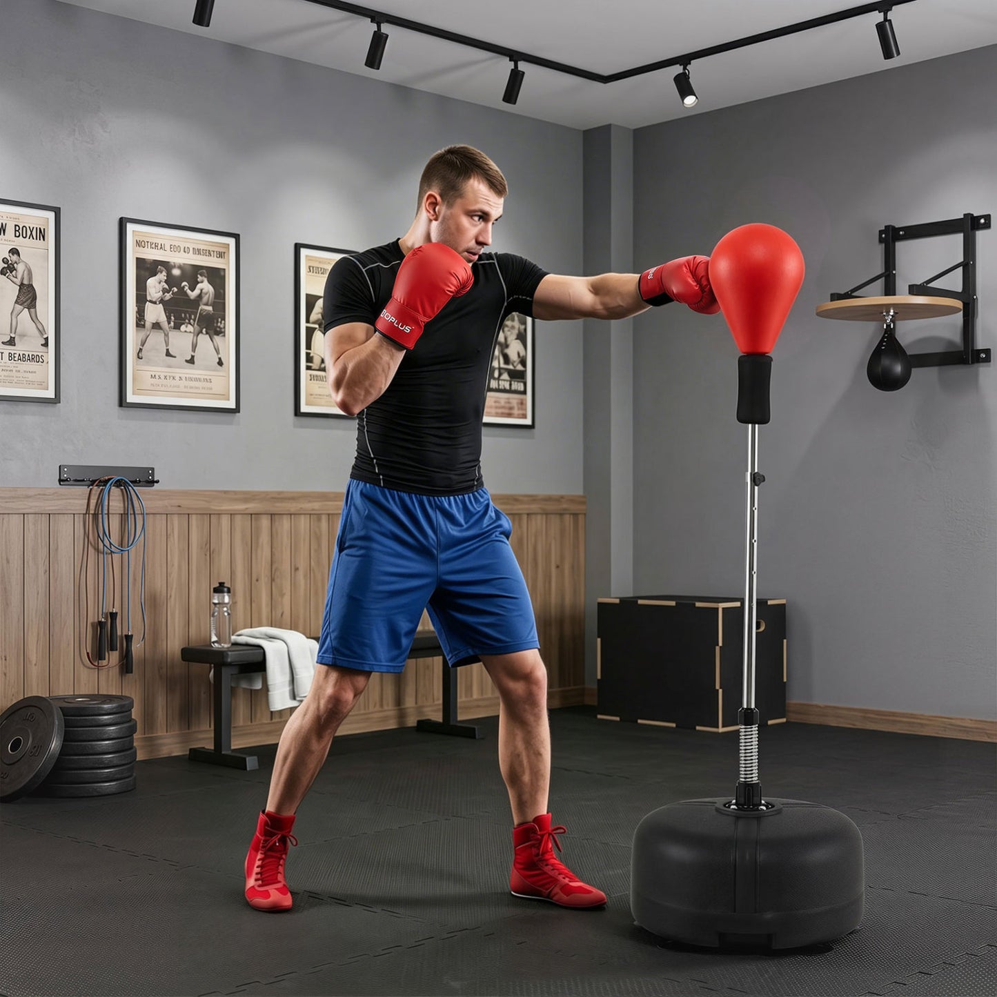 Black height-adjustable punching bag stand for teens and adults, perfect for boxing and martial arts training.