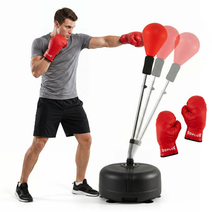 Height adjustable punching bag stand for teens and adults in black, suitable for boxing and martial arts training.