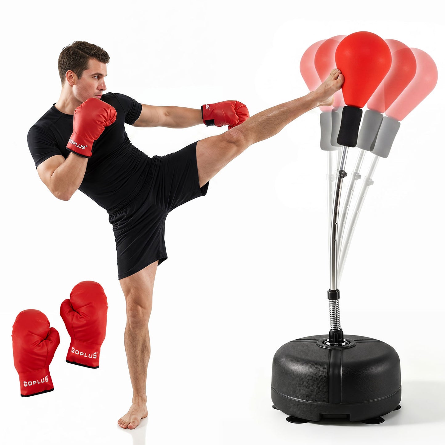 Black height-adjustable punching bag with stand for teens and adults, suitable for boxing and martial arts training.