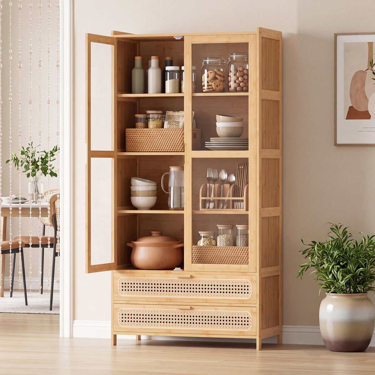 54.5" Bamboo Bookshelf with 2 Acrylic Doors 4 Shelves and 2 Drawers for Home Office-Natural