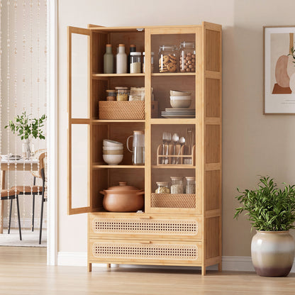 54.5" Bamboo Bookshelf with 2 Acrylic Doors 4 Shelves and 2 Drawers for Home Office-Natural