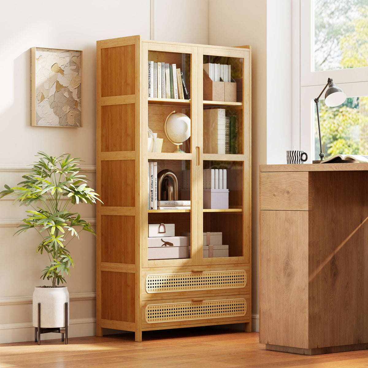 54.5" Bamboo Bookshelf with 2 Acrylic Doors 4 Shelves and 2 Drawers for Home Office-Natural