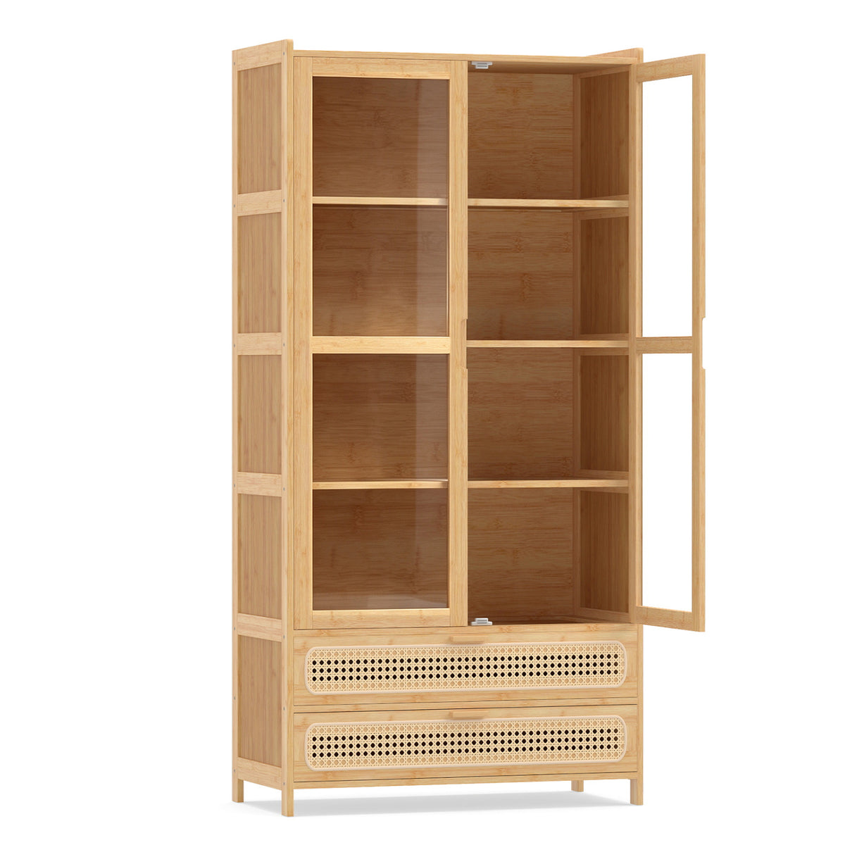 54.5" Bamboo Bookshelf with 2 Acrylic Doors 4 Shelves and 2 Drawers for Home Office-Natural