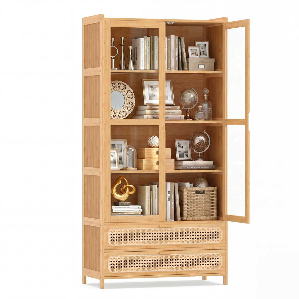 54.5" Bamboo Bookshelf with 2 Acrylic Doors 4 Shelves and 2 Drawers for Home Office-Natural