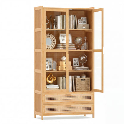 54.5" Bamboo Bookshelf with 2 Acrylic Doors 4 Shelves and 2 Drawers for Home Office-Natural
