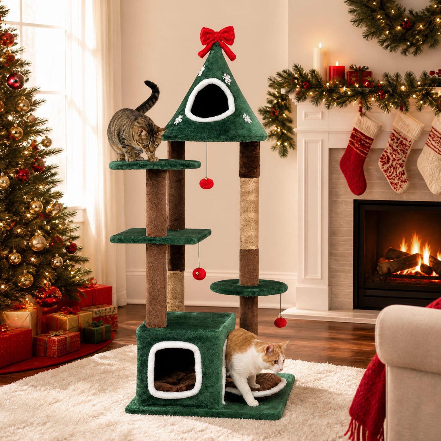 54"Christmas Cat Tree with 2 Condos and Removable Cushion-Green