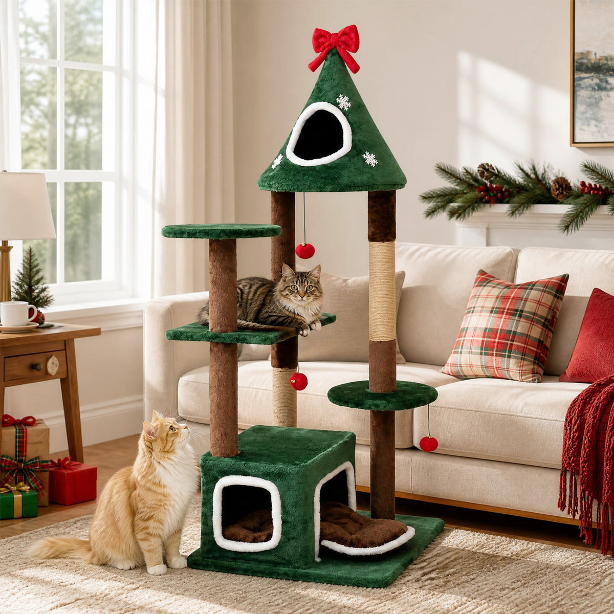 54"Christmas Cat Tree with 2 Condos and Removable Cushion-Green