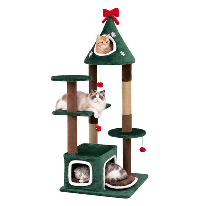 54"Christmas Cat Tree with 2 Condos and Removable Cushion-Green