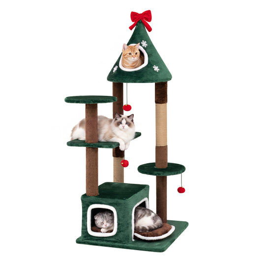 Green 54-inch Christmas cat tree with two condos and removable cushions, ideal for feline play and relaxation.