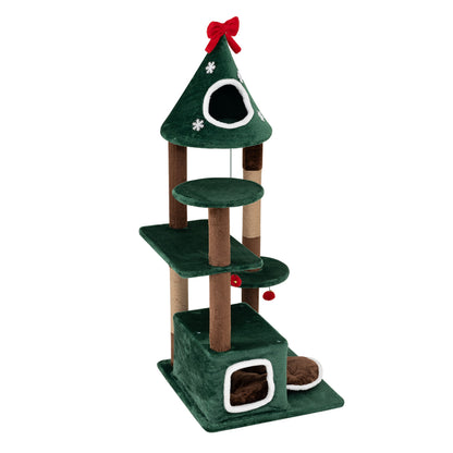 54"Christmas Cat Tree with 2 Condos and Removable Cushion-Green
