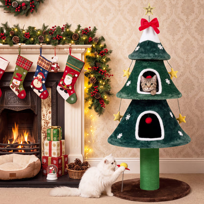 54 Inch Christmas Cat Tree with 2 Private Condos for Indoor Cats-Green
