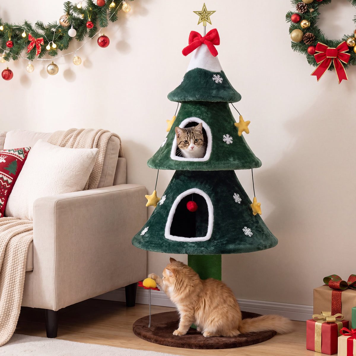 54 Inch Christmas Cat Tree with 2 Private Condos for Indoor Cats-Green