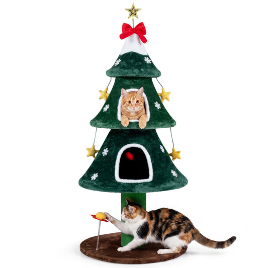 Green 54-inch Christmas cat tree with two private condos for indoor cats, featuring multiple platforms and scratching posts.